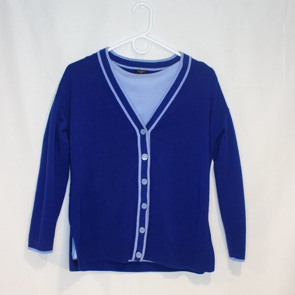 Talbots Royal Blue Contrast Trim Button Front V Neck Cardigan + Matching Shirt - Picture 9 of 13